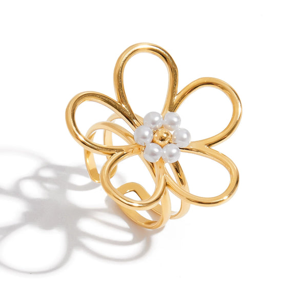 Women's Stainless Steel Pearl Geometric Ring With Electroplating And Minimalist Design