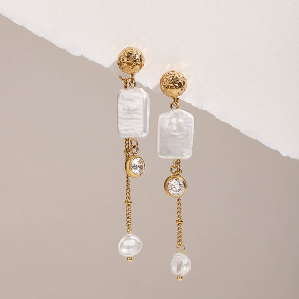 Women's Stainless Steel Pearl Hammer Ball Round White Zirconium Geometric Electroplated Earrings