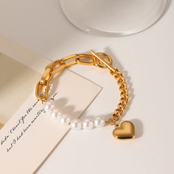 Women's Stainless Steel Pearl Love Pendant Stitching Geometric Heart Shape Electroplated Bracelet