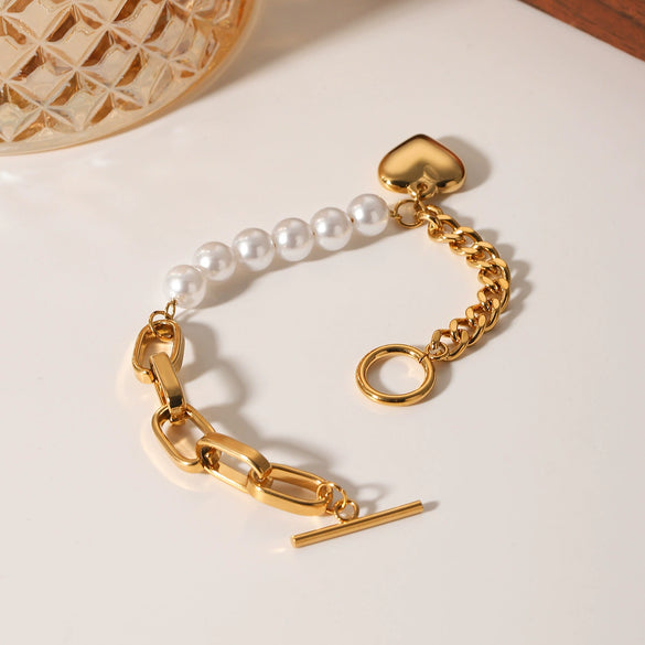 Women's Stainless Steel Pearl Love Pendant Stitching Geometric Heart Shape Electroplated Bracelet