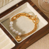 Women's Stainless Steel Pearl Love Pendant Stitching Geometric Heart Shape Electroplated Bracelet