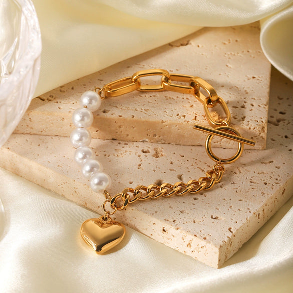 Women's Stainless Steel Pearl Love Pendant Stitching Geometric Heart Shape Electroplated Bracelet