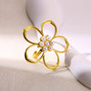 Women's Stainless Steel Pearl Open Ring With Hollow Big Flower Pattern And Exaggerated Retro Design Electroplated