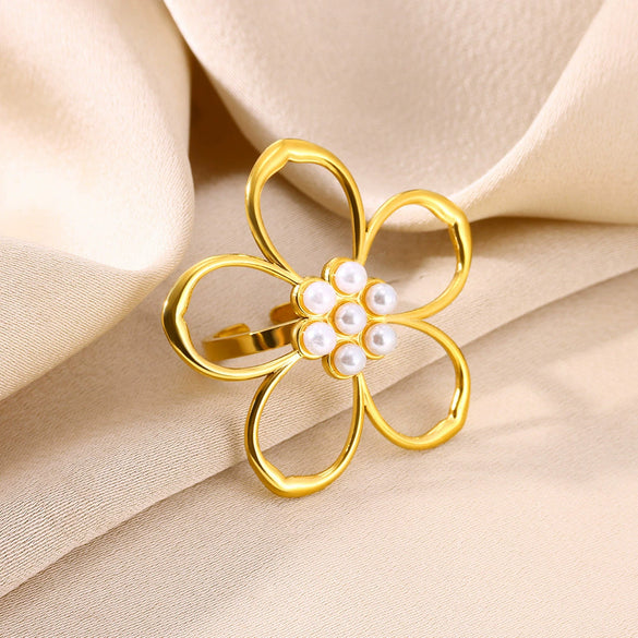 Women's Stainless Steel Pearl Open Ring With Hollow Big Flower Pattern And Exaggerated Retro Design Electroplated