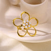 Women's Stainless Steel Pearl Open Ring With Hollow Big Flower Pattern And Exaggerated Retro Design Electroplated