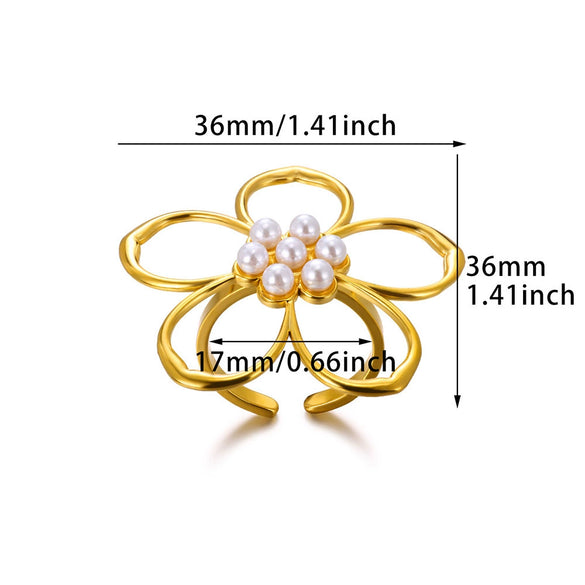 Women's Stainless Steel Pearl Open Ring With Hollow Big Flower Pattern And Exaggerated Retro Design Electroplated