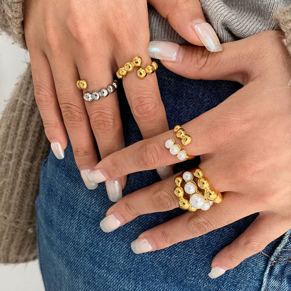 Women's Stainless Steel Pearl Ring And Earrings With Love Water Drops Bell Pattern Electroplating Light Luxury Jewelry