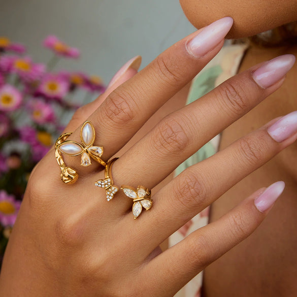 Women's Stainless Steel Pearl Ring With Bow And Butterfly Design Electroplated