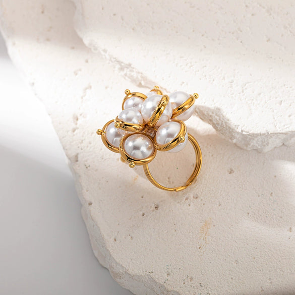 Women's Stainless Steel Pearl Stacking Personality Ring With Electroplating Design
