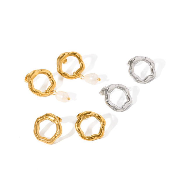 Women's Stainless Steel Pearl Stud And Irregular Hoop Earrings With Pvd Real Gold Plating Geometric Versatile Light Luxury Style