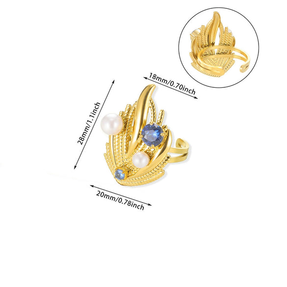 Women's Stainless Steel Pearl Zircon Geometric Exaggerated Open Flower Ring Electroplated