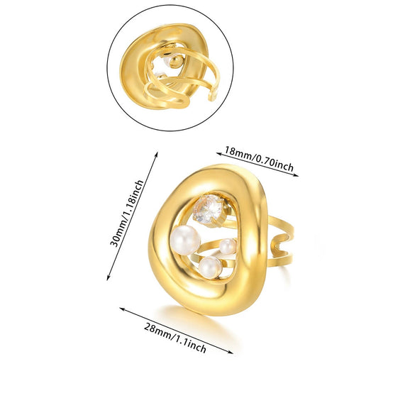 Women's Stainless Steel Pearl Zircon Geometric Exaggerated Open Flower Ring Electroplated