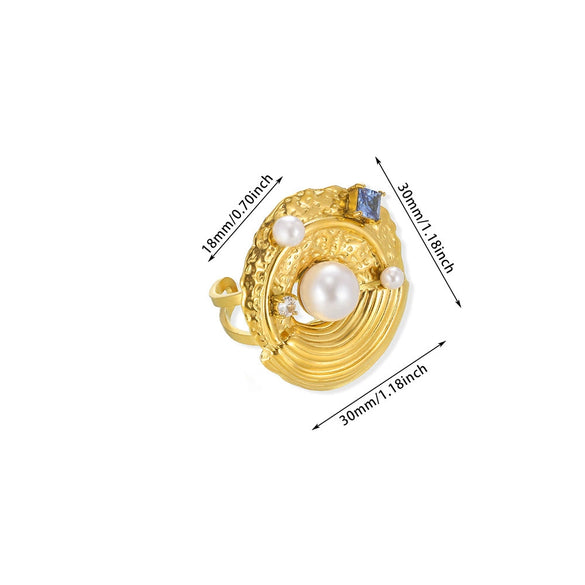 Women's Stainless Steel Pearl Zircon Geometric Exaggerated Open Flower Ring Electroplated