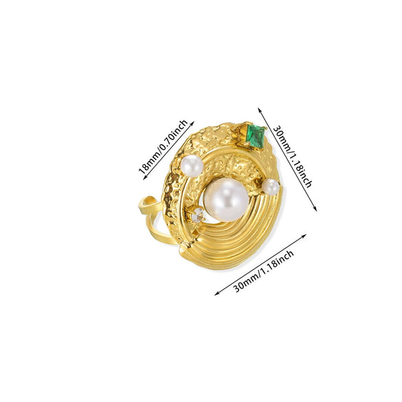 Women's Stainless Steel Pearl Zircon Geometric Exaggerated Open Flower Ring Electroplated