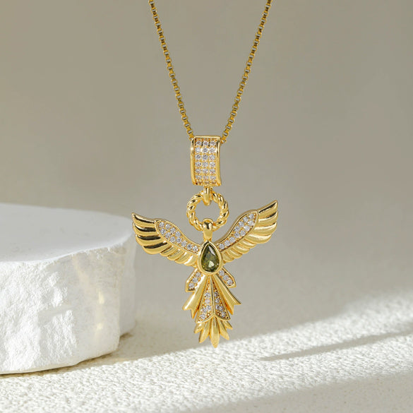 Women's Stainless Steel Phoenix Wings Pendant Necklace With Mixed Gemstone Setting And Electroplating Box Chain