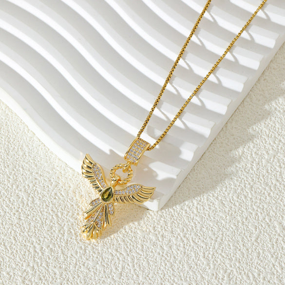Women's Stainless Steel Phoenix Wings Pendant Necklace With Mixed Gemstone Setting And Electroplating Box Chain