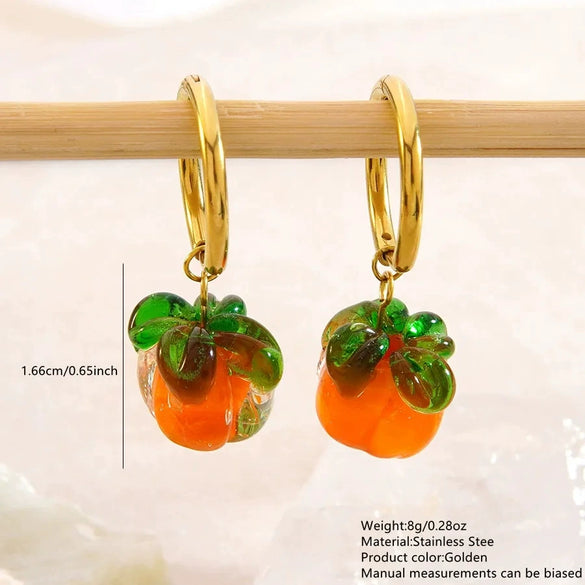 Women's Stainless Steel Pumpkin Pendant Necklace And Earrings Jewelry Set Sweet Simple Fruit Style Electroplated O Chain Accessory Set