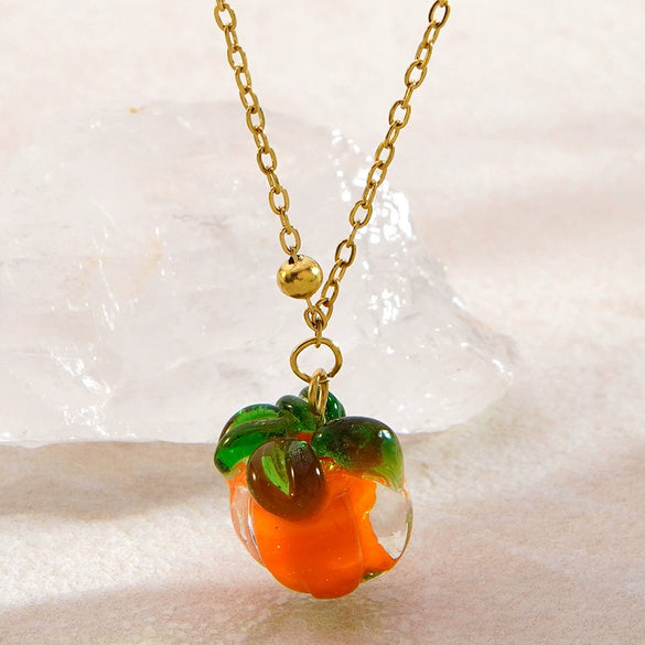 Women's Stainless Steel Pumpkin Pendant Necklace And Earrings Jewelry Set Sweet Simple Fruit Style Electroplated O Chain Accessory Set