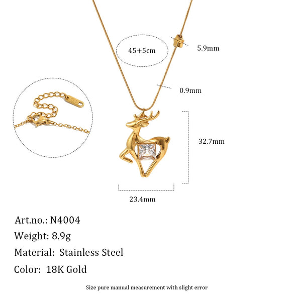 Women's Stainless Steel Reindeer Heart Pendant Necklace With Pvd Vacuum Gold Plating And Lobster Clasp Gift Box