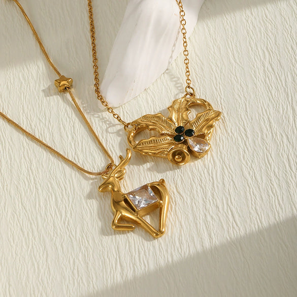 Women's Stainless Steel Reindeer Heart Pendant Necklace With Pvd Vacuum Gold Plating And Lobster Clasp Gift Box