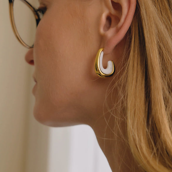 Women's Stainless Steel Resin Cshaped Hoop Earrings With Geometric Design And Electroplated Finish