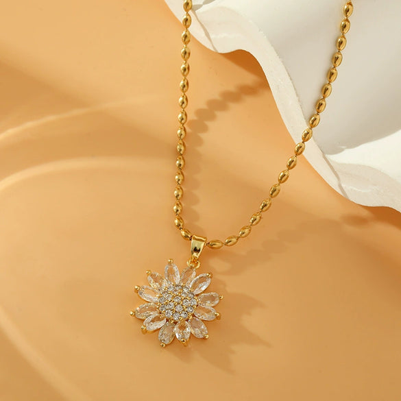 Women's Stainless Steel Rice Bead Sunflower Natural Geometric Inlay Electroplated Clavicle Necklace