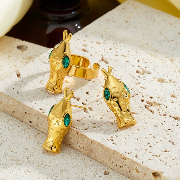 Women's Stainless Steel Ring And Earring Set With 18K Vacuum Plating And Simple Geometric Design