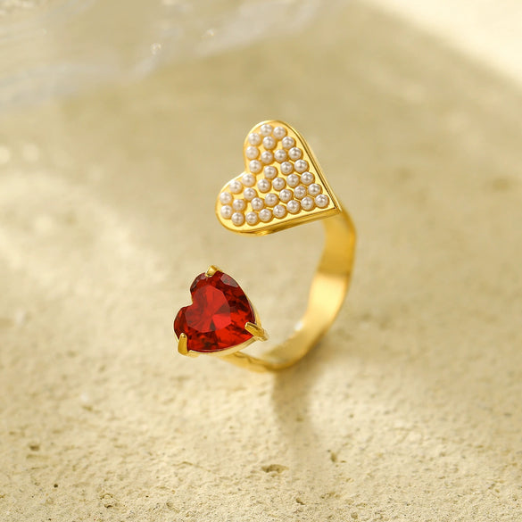 Women's Stainless Steel Ring Light Luxury Opening Adjustable Heart Shape Doublelayer Diamond Inlaid Zircon Electroplated