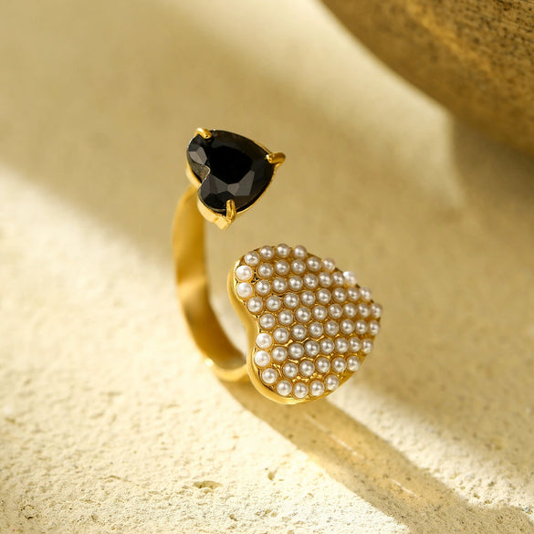 Women's Stainless Steel Ring Light Luxury Opening Adjustable Heart Shape Doublelayer Diamond Inlaid Zircon Electroplated