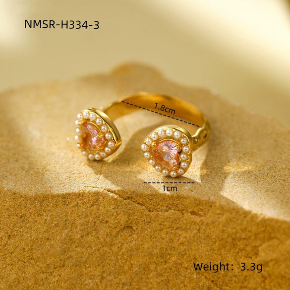 Women's Stainless Steel Ring Light Luxury Opening Adjustable Heart Shape Doublelayer Diamond Inlaid Zircon Electroplated