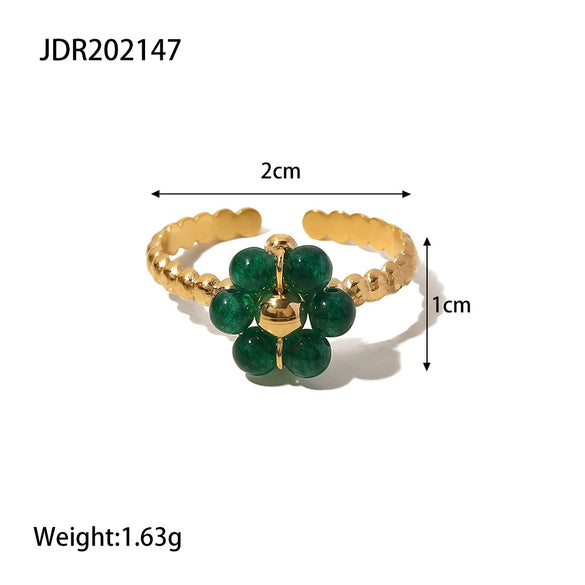Women's Stainless Steel Ring Set With Precious Stones Geometric Sunflower Green Natural Stone Adjustable