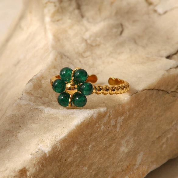 Women's Stainless Steel Ring Set With Precious Stones Geometric Sunflower Green Natural Stone Adjustable