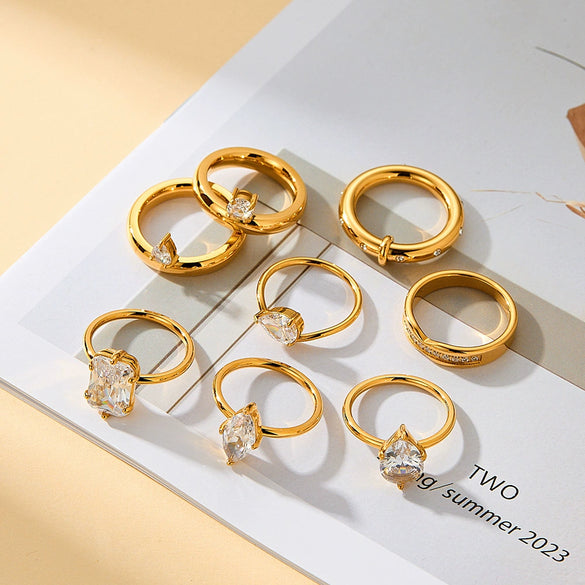 Women's Stainless Steel Ring With 18K Gold Vacuum Plating Square Drop Geometric Design And Zircon Rhinestone Inlay