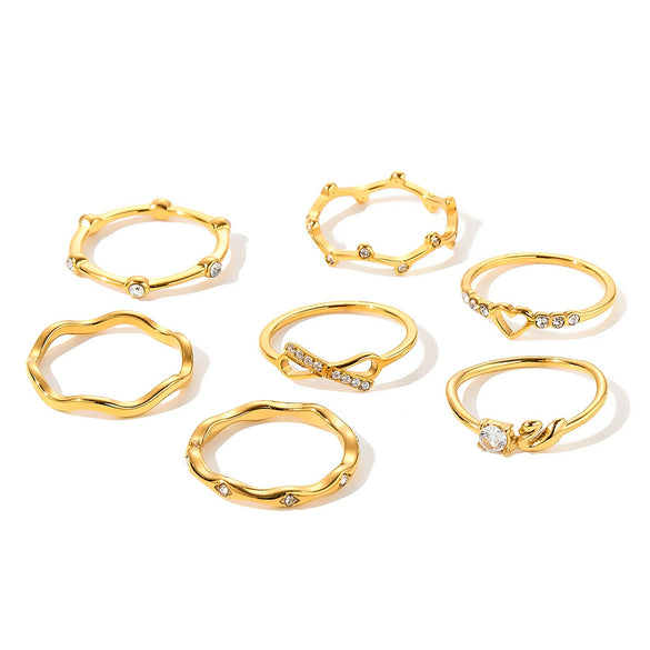 Women's Stainless Steel Ring With Zircon Inlaid Heart Geometric Floral Wave Design And Vacuum Plated Finish