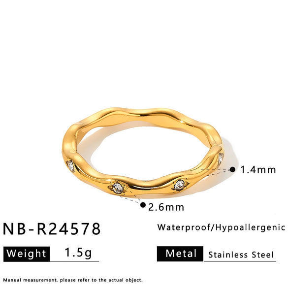 Women's Stainless Steel Ring With Zircon Inlaid Heart Geometric Floral Wave Design And Vacuum Plated Finish