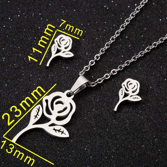 Women's Stainless Steel Rose Flower Necklace And Earrings Jewelry Set With Electroplated Finish Wholesale Fashion Accessory Set