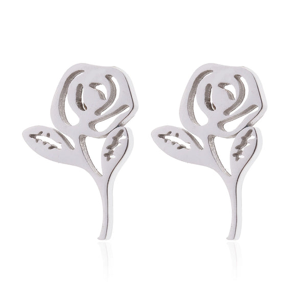 Women's Stainless Steel Rose Flower Stud Earrings With Electroplated Finish And Simple Floral Design