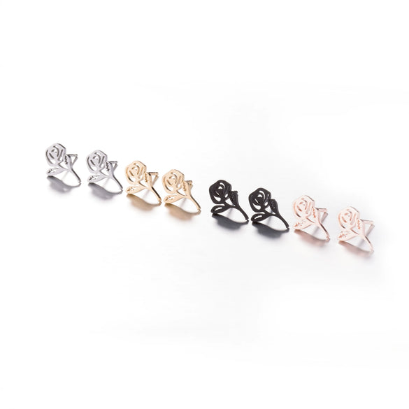 Women's Stainless Steel Rose Flower Stud Earrings With Electroplated Finish And Simple Floral Design