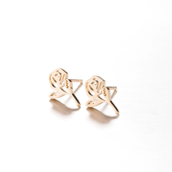 Women's Stainless Steel Rose Flower Stud Earrings With Electroplated Finish And Simple Floral Design