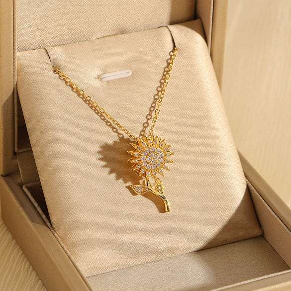 Women's Stainless Steel Rotating Sunflower Pendant Necklace With Mixed Gemstone Setting And Electroplating