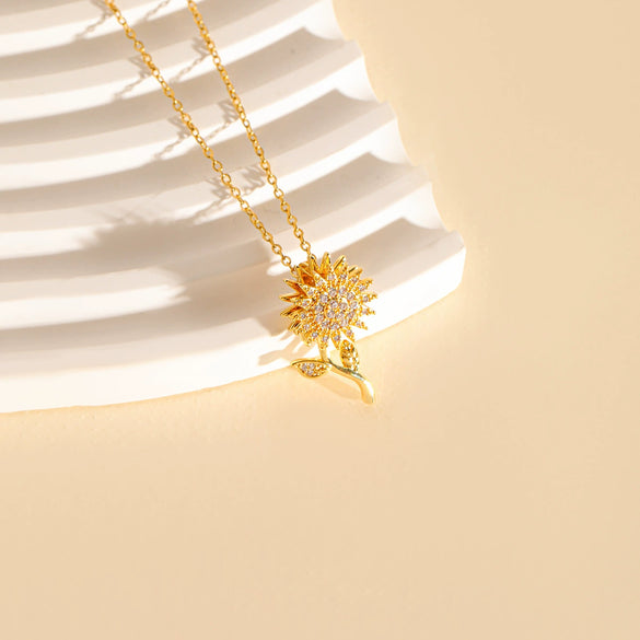 Women's Stainless Steel Rotating Sunflower Pendant Necklace With Mixed Gemstone Setting And Electroplating