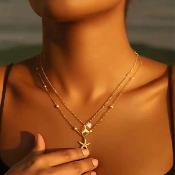 Women's Stainless Steel Shell And Starfish Pendant Necklace Casual Beach Style Electroplated Jewelry With Regular Chain