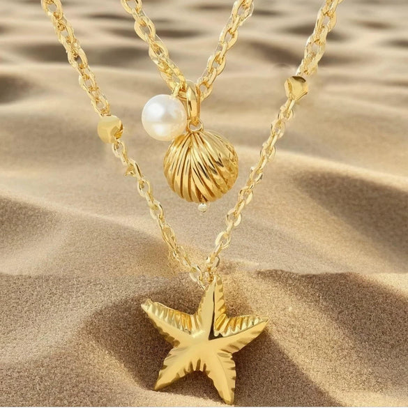 Women's Stainless Steel Shell And Starfish Pendant Necklace Casual Beach Style Electroplated Jewelry With Regular Chain