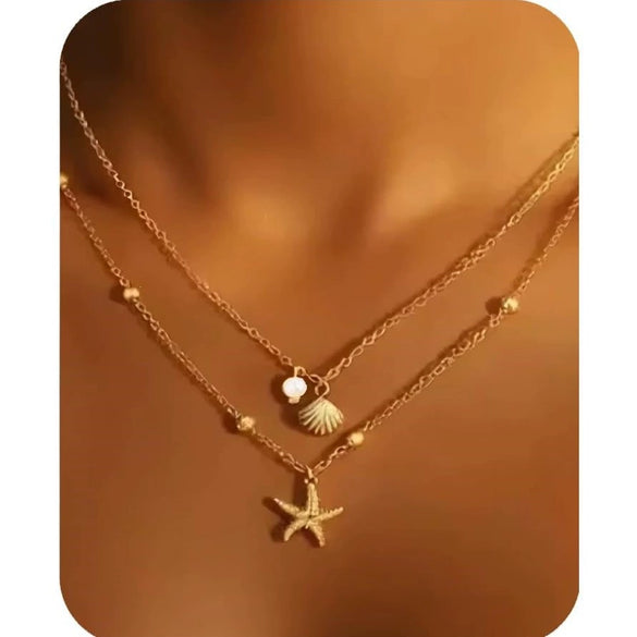 Women's Stainless Steel Shell And Starfish Pendant Necklace Casual Beach Style Electroplated Jewelry With Regular Chain