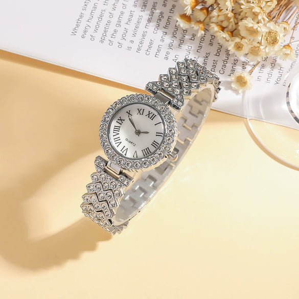 Women's Stainless Steel Silver Roman Literal Diamond Watch Jewelry Set Square Dial Leisure Style