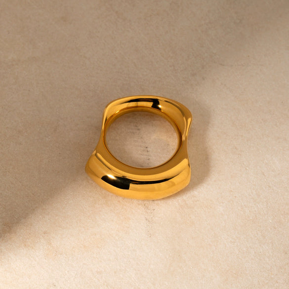 Women's Stainless Steel Smooth And Irregular Concaveconvex Ring With 18K Gold Electroplating