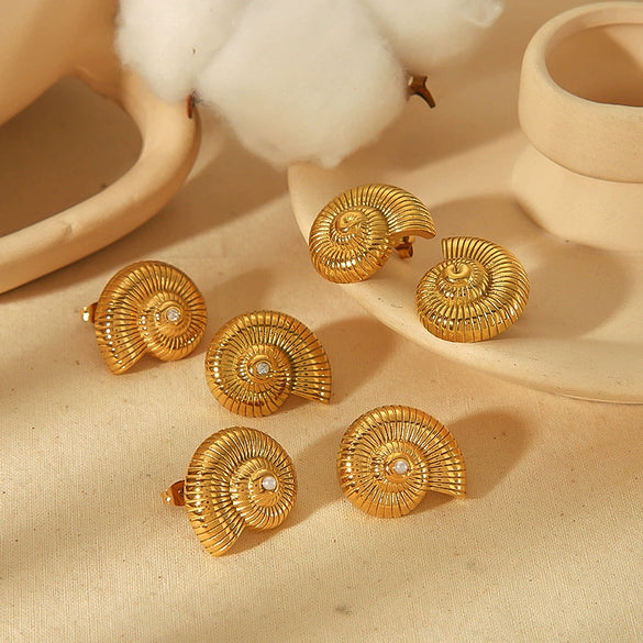 Women's Stainless Steel Spiral Conch Earrings With Geometric Pattern And Electroplated Treatment