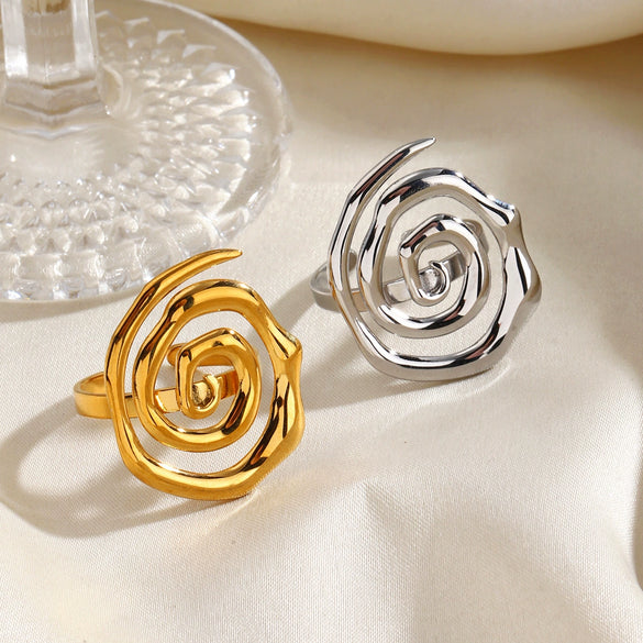 Women's Stainless Steel Spiral Screw Thread Ring With Gold Electroplated Finish And Simple Patterned Design