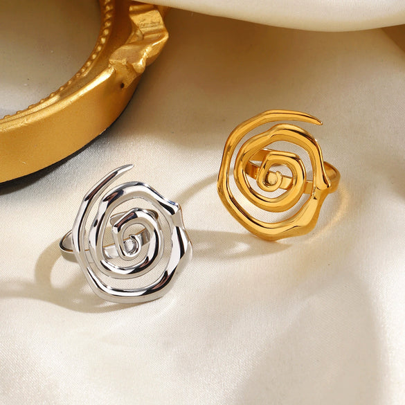 Women's Stainless Steel Spiral Screw Thread Ring With Gold Electroplated Finish And Simple Patterned Design
