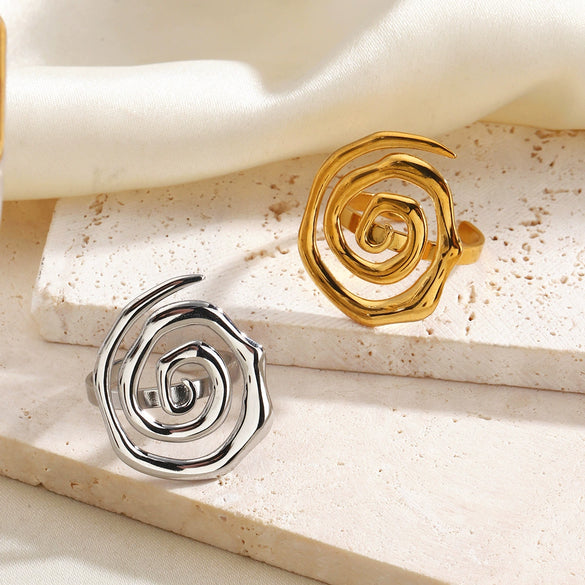 Women's Stainless Steel Spiral Screw Thread Ring With Gold Electroplated Finish And Simple Patterned Design